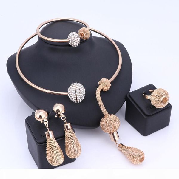 

charm dubai gold color crystal jewelry sets for women african pendant necklace earrings bangle rings party dress accessories, Black