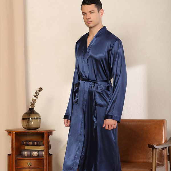 

men's sleepwear solid color kimono robe thin cardigan nightgown loose large size long sleeve spring and autumn glossy bathrobe nightwea, Black;brown