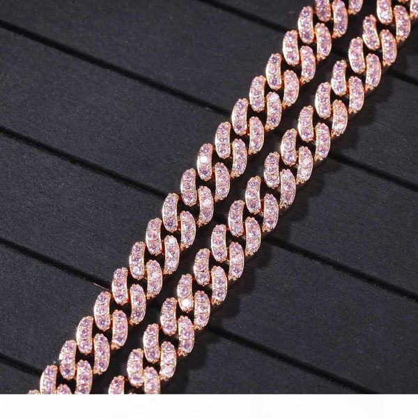 

r tbtk 9mm iced out women choker necklace rose gold metal cuban link full with pink cubic zirconia stones chain jewelry, Silver
