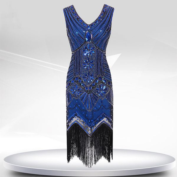 

vintage elegant sequin dress women great gatsby mesh flapper prom tassel hem vestidos party evening tunic african de festa, Black;gray