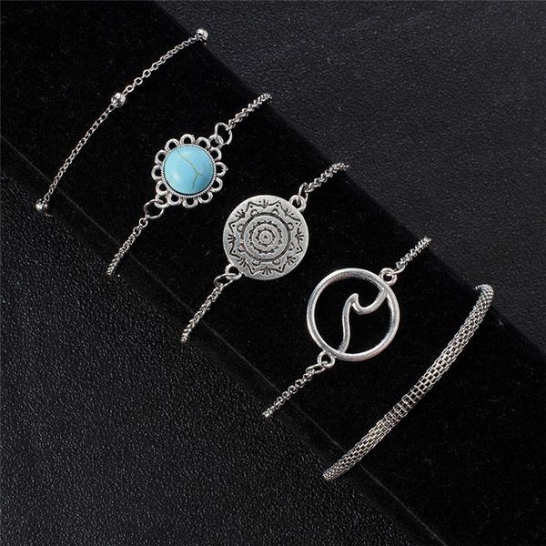 

new vintage boho ancient silver color bracelet women personality 5pcs/set natural stone charm bracelets female beach jewelry, Golden;silver