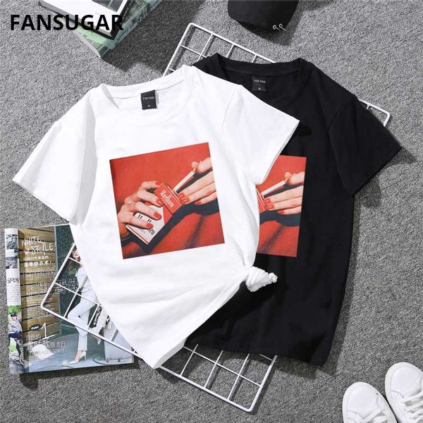 

harajuku vogue casual funny women's t-shirt short sleeve cigarette print slim korean style oversized white tees couple clothes