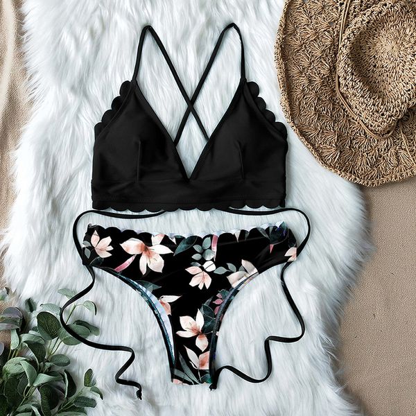 

bikini sets scalloped edge printed bottom 2020 lace up swimsuit pieces swimwear women beach wear bathing suits biquini, White;black
