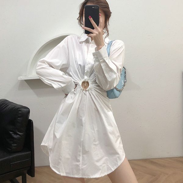 

2020 new solid notched collar long sleeve single breasted slim personality waist pleated hollowing out women white shirt dress, Black;gray