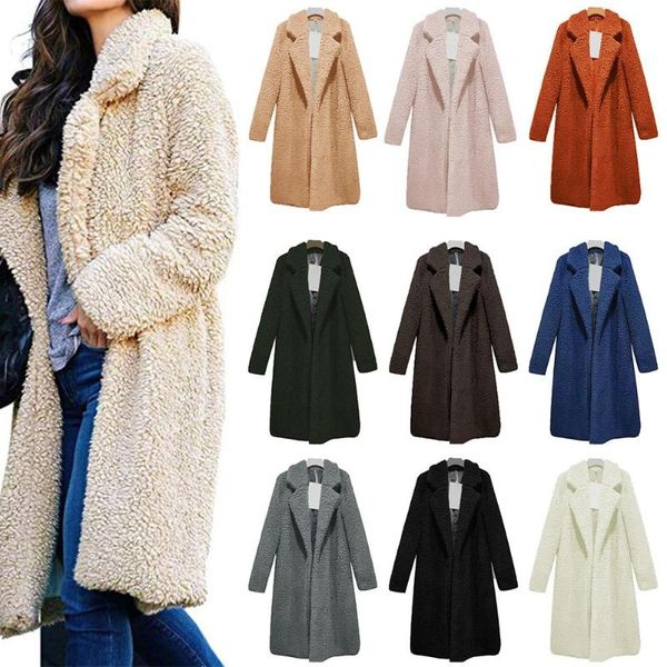 

autumn long cardigan fleece coat women loose warm solid color outwear wool turn-down collar open stitch casual, Black