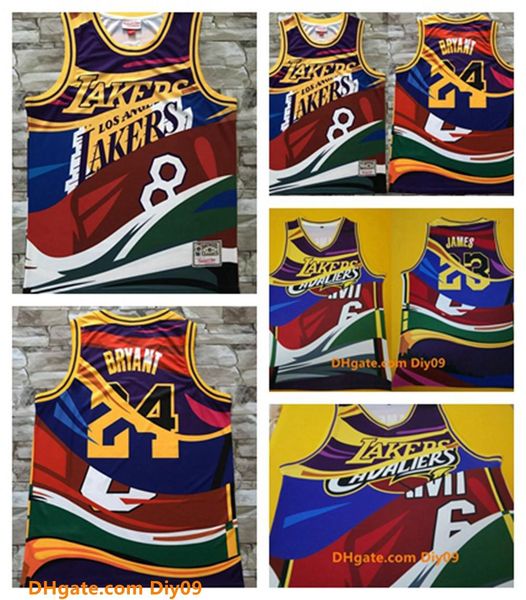 

throwback los angeles lakers mitchell ness 23 lebron 6 james 8 24 bryantmixed edition vintage basketball jerseys, Black;red