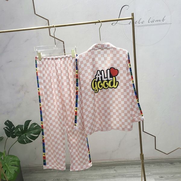 

season new ice silk clothes home pajamas female korean fashion printing long sleeve home clothes fashion brand lapel pajamas set, Blue;red