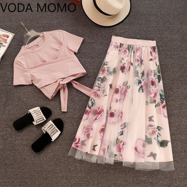 

women irregular t shirt+mesh skirts suits bowknot solid vintage floral skirt sets elegant woman two piece set, White