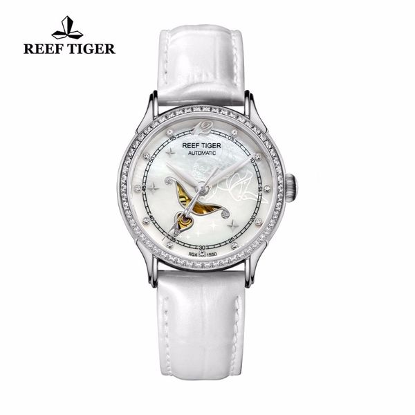 

reef tiger designer fashion diamonds automatic watch with white mop dial steel watches for women rga1550, Silver