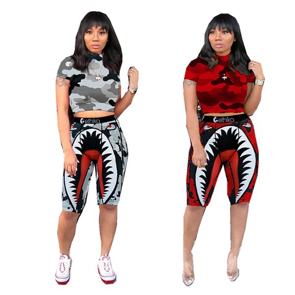 

ethika women shorts tracksuit cartoon print camonflagr patchwork short sleeve t shirt + shorts 2 piece outfits summer sportswear clothing, White