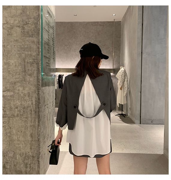 

2019 осень новый контраст цвета рубашка нежно же рубашка стиль сшивание поддельные из двух частей костюм юбка брюки двухсекционный костюм дл, Gray