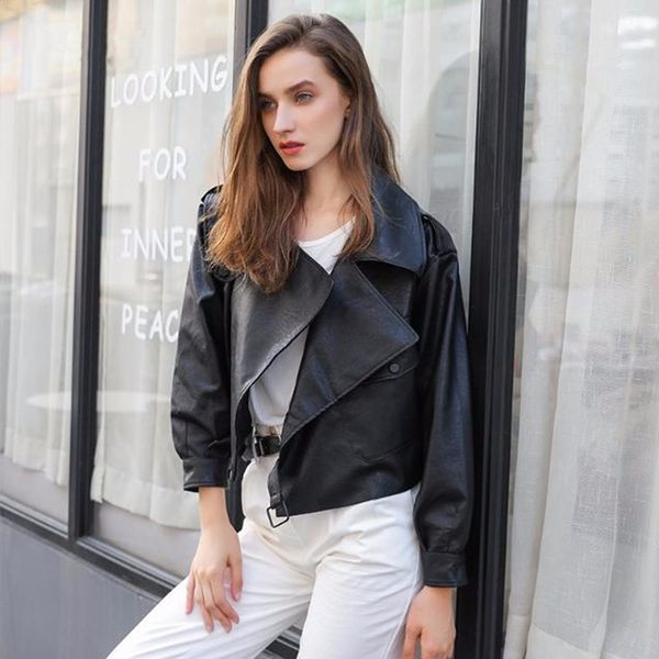 

women's leather & faux spring autumn jacket women loose turn down collar beige coat female biker moto short outwear ladies, Black