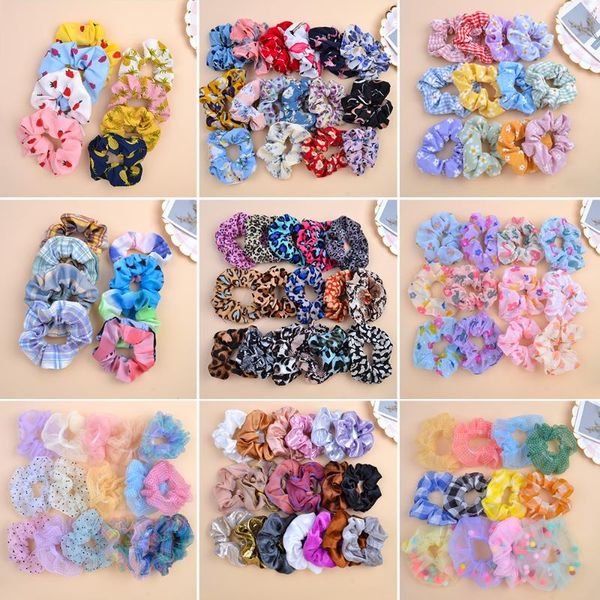 

8/12 pcs colorful scrunchie flowers, plaid, print, solid, plush women headband wholesale elastic hair band accessories