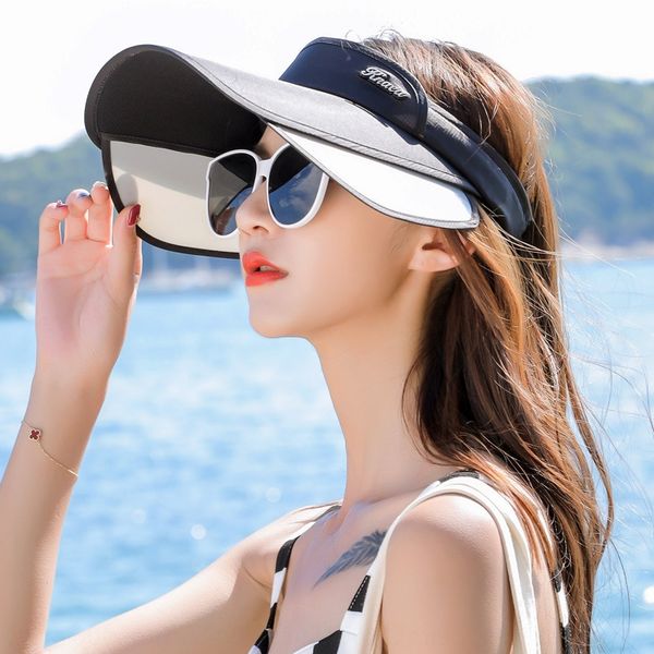 

2020 new empty women's summer uv retractable sun sunscreen hat hat outdoor big edge sunscreen cap, Blue;gray