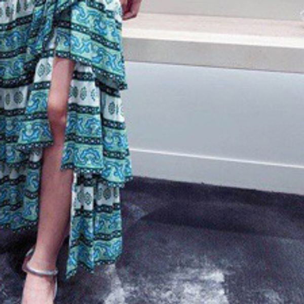 

2020 summer new skirt fashion printed cascading ruffle split midi skirt, Black