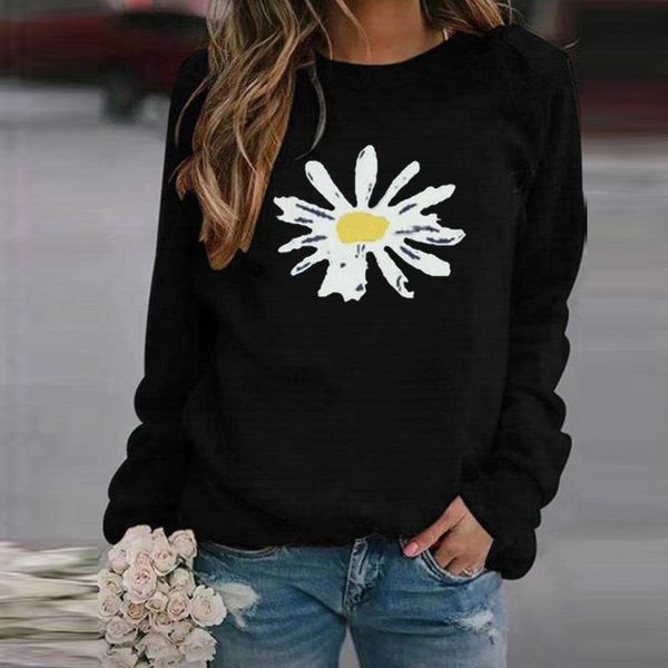 

streetwear women sweatshirt flower print round neck sweatshirt long sleeve casual loose pullover clothes, Black