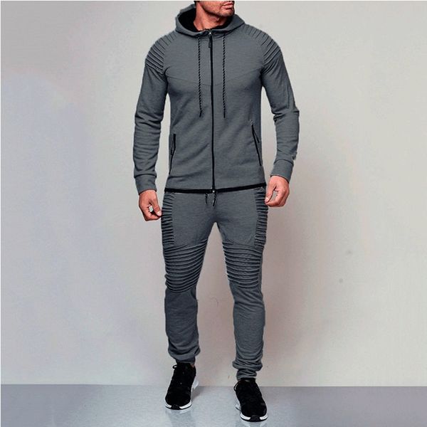

casual men set (jacket+pant) spring autumn solid color hooded coat and beam foot pants men zipper cardigan outwear and sweatpant, Gray