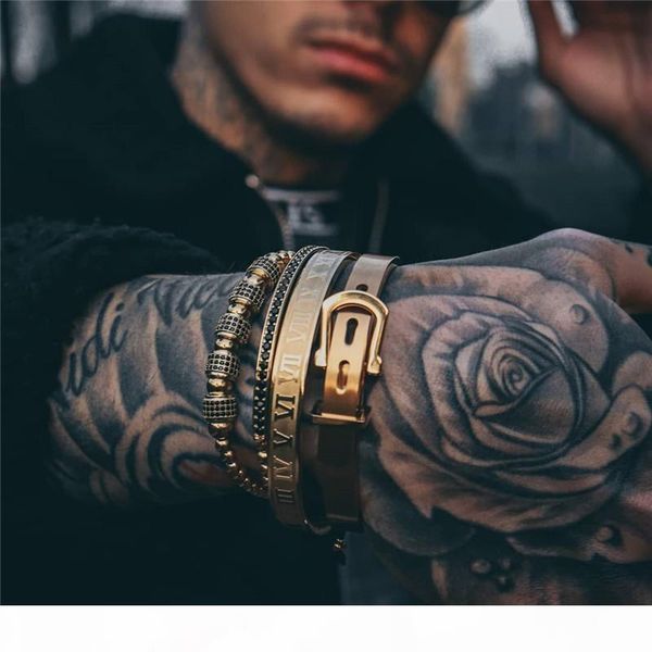 

men bracelet 4pcs set men titanium steel roman numeral bracelet crown charms macrame beads bracelet seads bracelets braiding man luxury, Golden;silver