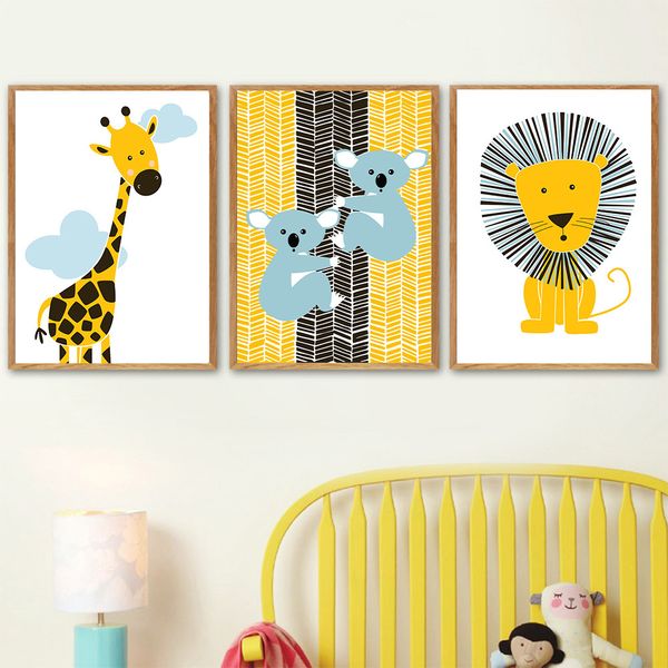 

yellow lion giraffe canvas painting baby room posters cartoon animals wall art poster nordic print wall pictures kids room decor