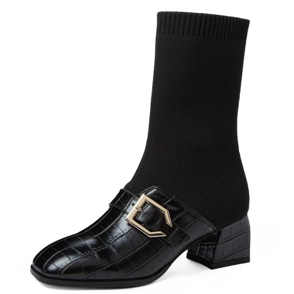 

socks boots stone pattern patent leather stitching wool flying knit shoes metal buckle tapered heel mid-calf boots thick heel, Black