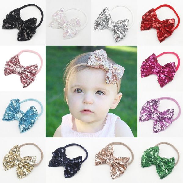

new baby girls sequin big bow elastic hairband children nlon headband hair wear kids head band headdress babys hair accessories, Slivery;white