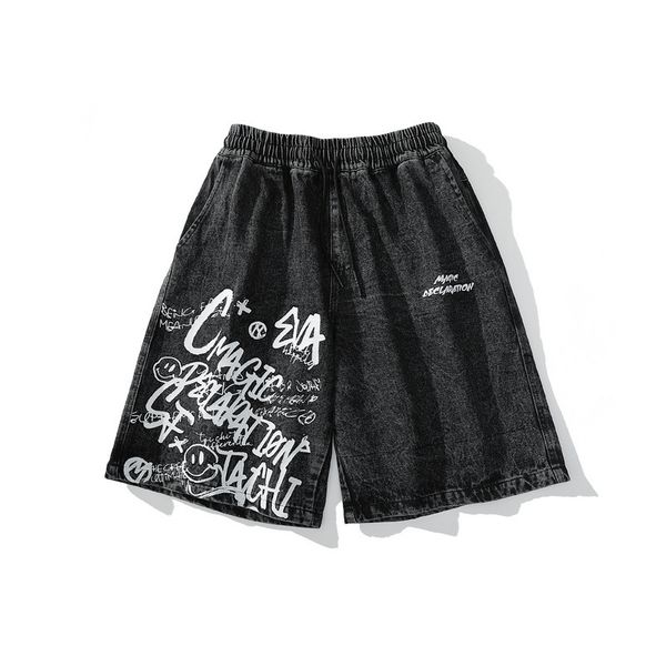 

men's wear tide 2020 summer new doodle jeans shorts for male high street vintage loose tide knee length patns 9y1315, White;black