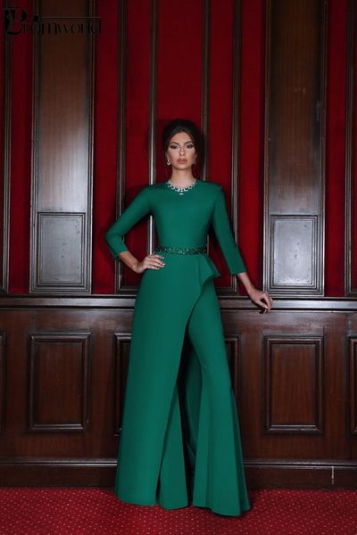 Elegante smaragdgrüne Abendkleider 2020, O-Ausschnitt, Perlenstickerei, Dreiviertelärmel, asymmetrischer Satin, Abendkleider für die Gala