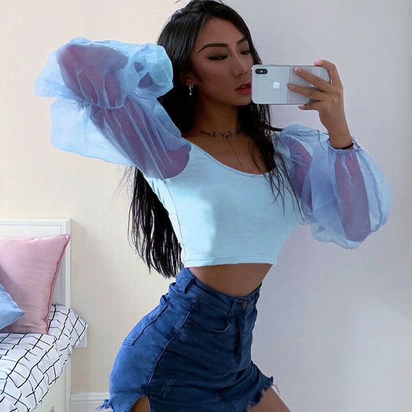 

women blouse puff sleeve slim fit casual cropped sheer low cut splicedcasual shirts crop stylish blouse, White