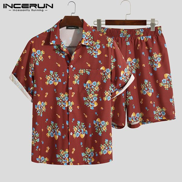 

incerun 2020 man summer printed suit men hawaiian vocation sets casual short sleeve lapel blouse loose shorts 2 pieces plus size, Gray