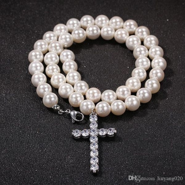 

fashion 8mm/10mm beads white shell pearl chains necklaces with iced cubic zirconia cross pendant men women hiphop jewelry