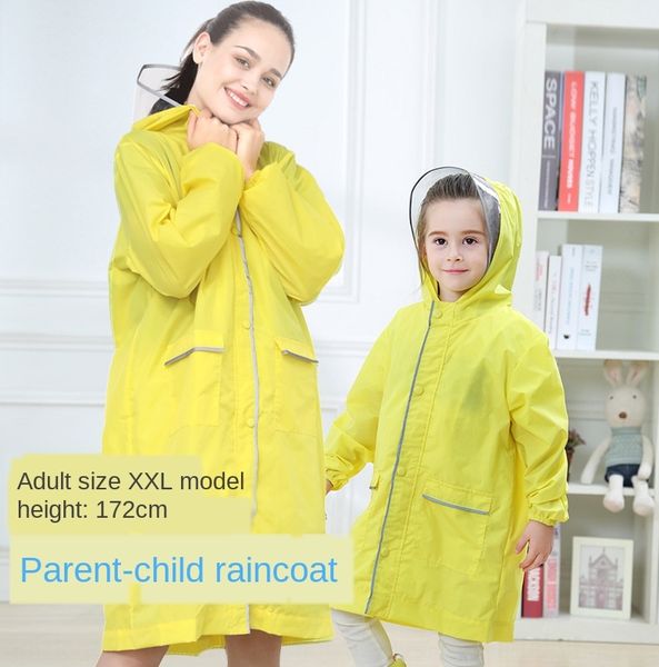 

parent-child raincoat big hat brim boys and girls belt fluorescent reflective safety strip schoolbag bag seat cloak seat poncho, Red;brown