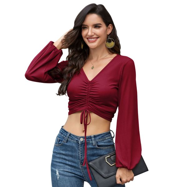 

new women casual basic summer blouse crop shirt drawstring v-neck long sleeve s~xl, White