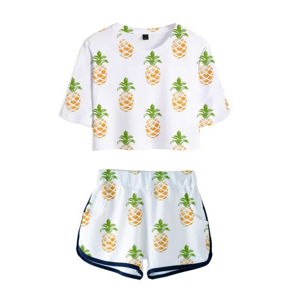 

3d full print pineapple women's sets harajuku new fashion pretty girls fruits exposed navel two-piece suits + short pants sets, White