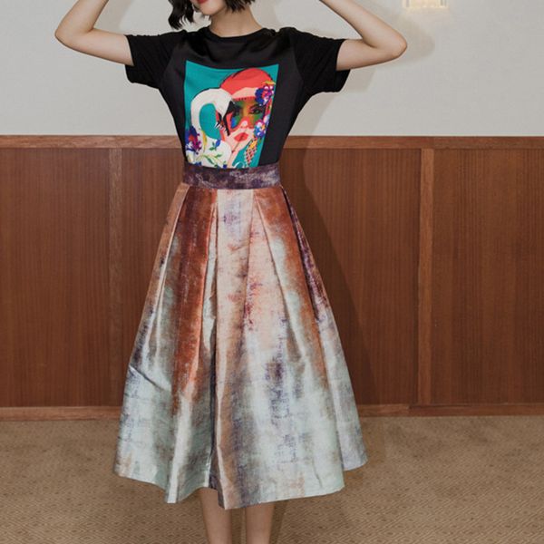 

gilt tie dye high waist a line skirt women long midi summer skirts 2020 fashion glitter flare skirt runway p376, Black