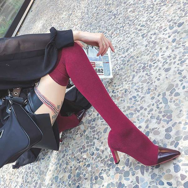

2020 new winter over-the-knee boots women's shoes nightclub stretch knitting stretch riding sock boots femme, Black