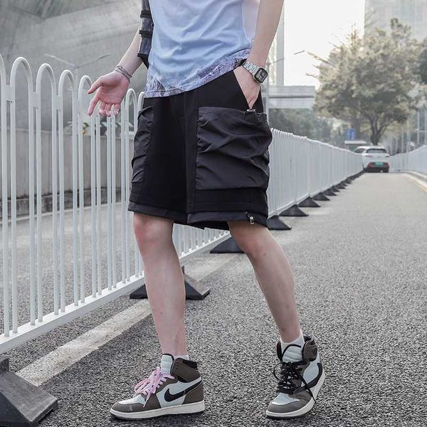

20ss side pokcets сыпучие вскользь mens cargo shorts кулиской негабаритные hip hop summer shorts черный streetwear выше колена штаны, White;black