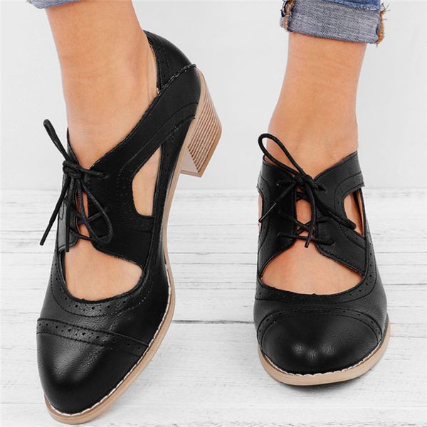 

summer plus size women sandals solid color retro pointed toe hollow out breathable lace up high heel femael spring shoes, Black