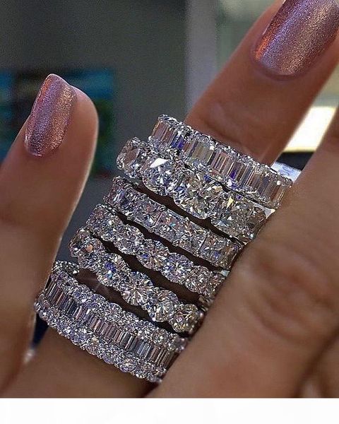 

925 silver pave setting full square simulated diamond cz eternity band engagement wedding stone rings size 5,6,7,8,9,10,11,12 y1892606, Slivery;golden