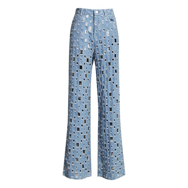 

wide leg denim pants women fashion high waist hollow out long jeans loose ripped hole vintage washed blue cowboy trousers