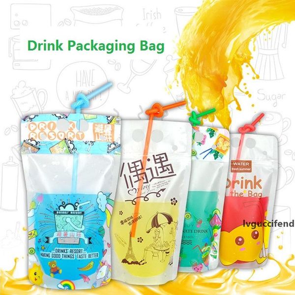 

100pcs/lot 500ml cute design stand up plastic drink packaging bag pouch for beverage water juice milk coffee, with hole handle lz1078