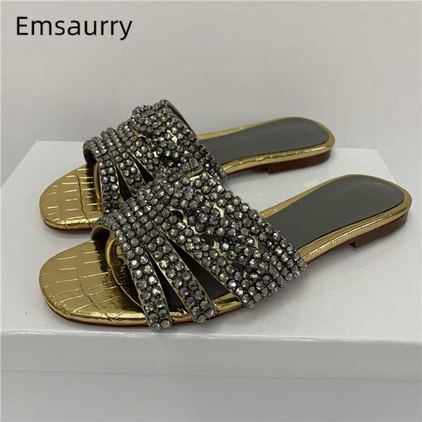 

slippers gold real leather flip flops luxury rhinestone crystal flat heel lazyman mules stone grain diamond summer women, Black