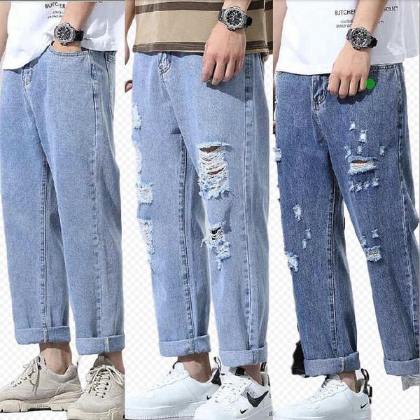 

men hole jeans ankle-length pants men feet jeans fashion male denim trousers loose straight hole ripped, Blue