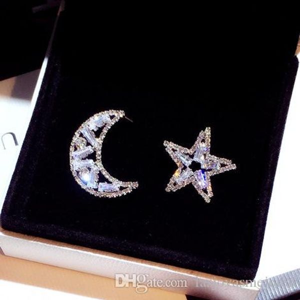 

super glittering ins fashion luxury designer diamonds zircon cute lovely star moon stud earrings for women girls, Golden;silver