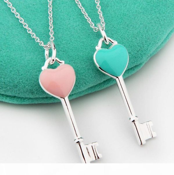 

jewelry s925 sterling silver necklace enamel heart key pendant necklace pink blue sweather neclace for women