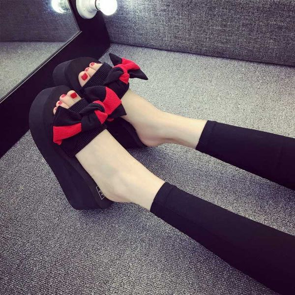 

2020 fashion bowknot slippers woman beach flip flops summer sandals slip- resistant slippers platform sandals size 35-41, Black
