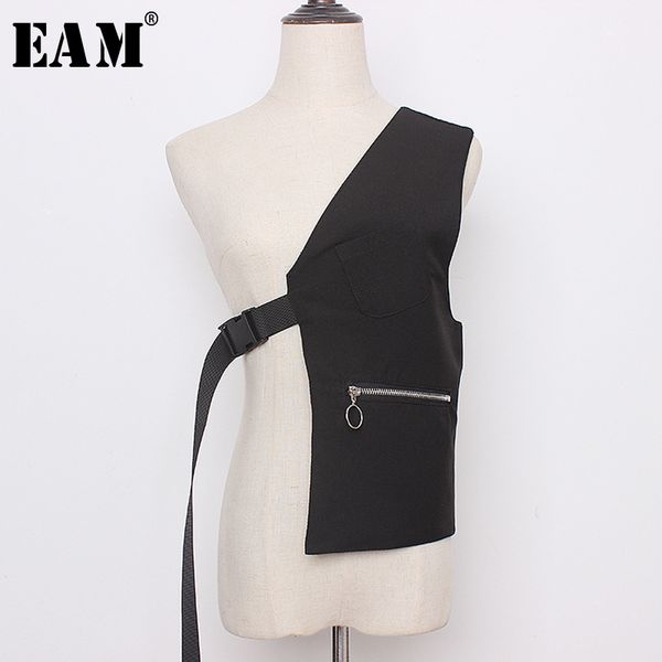 

eam] women loose fit black irregular buckle split joint vest new v-collar sleeveless fashion tide spring summer 2020 1y080, Black;white