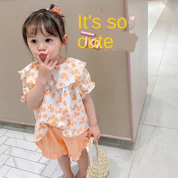 

girls' printed new lace collar fruit printed girls' casual sports fruit lace shirt style shirt, Blue