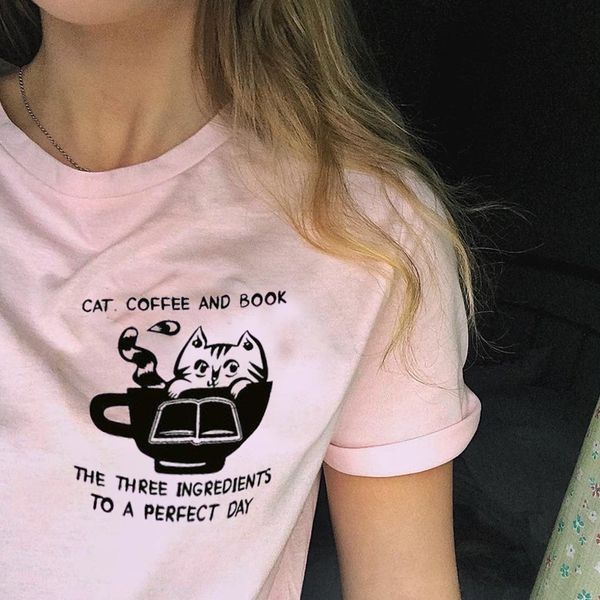 

cute 's t-shirt tumblr cat, book and coffee-the three ingredients to a perfect day graphic t shirts, White