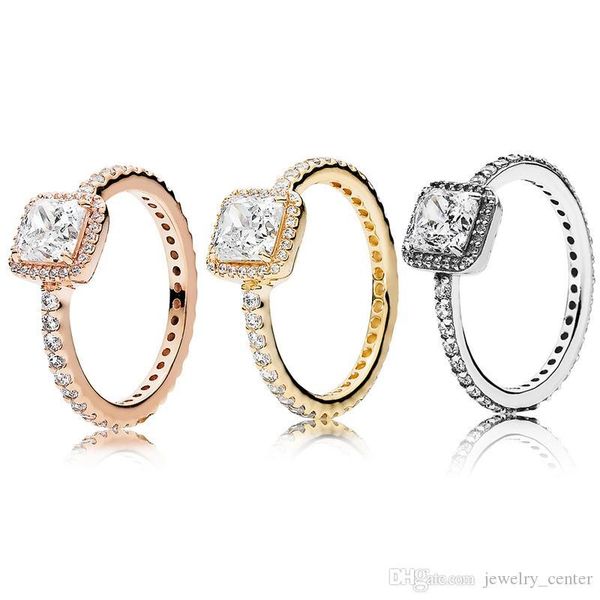 

square sparkle halo ring big cz diamond wedding rings original box for pandora 925 sterling silver 18k rose gold gift rings sets, Slivery;golden