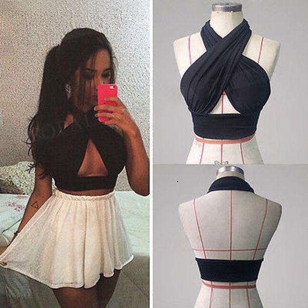 

2020 women strappy cross over front cut out halter neck sleeveless backless crop bandage vest summer woman clothes, White